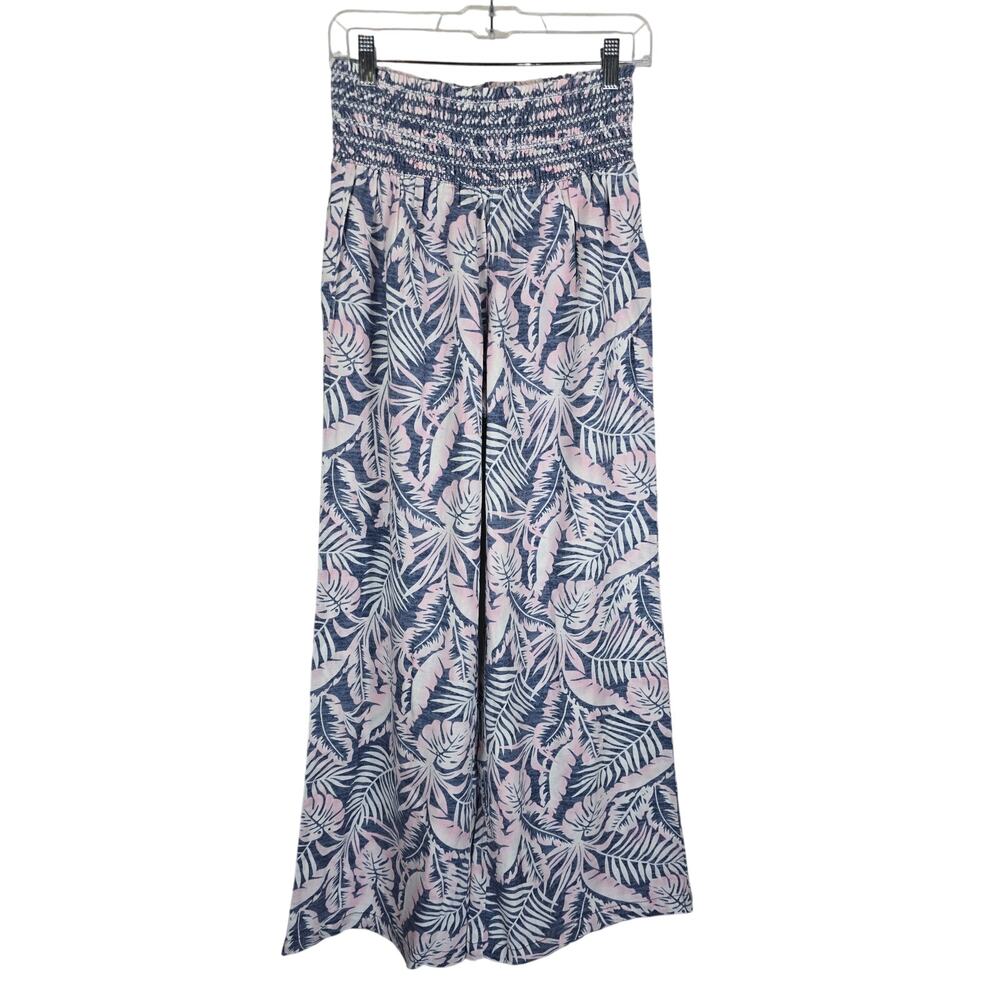 DAHUI Hawaii Smocked Waist Wide Leg Linen Hawaiian Print Pants Blue Pink L